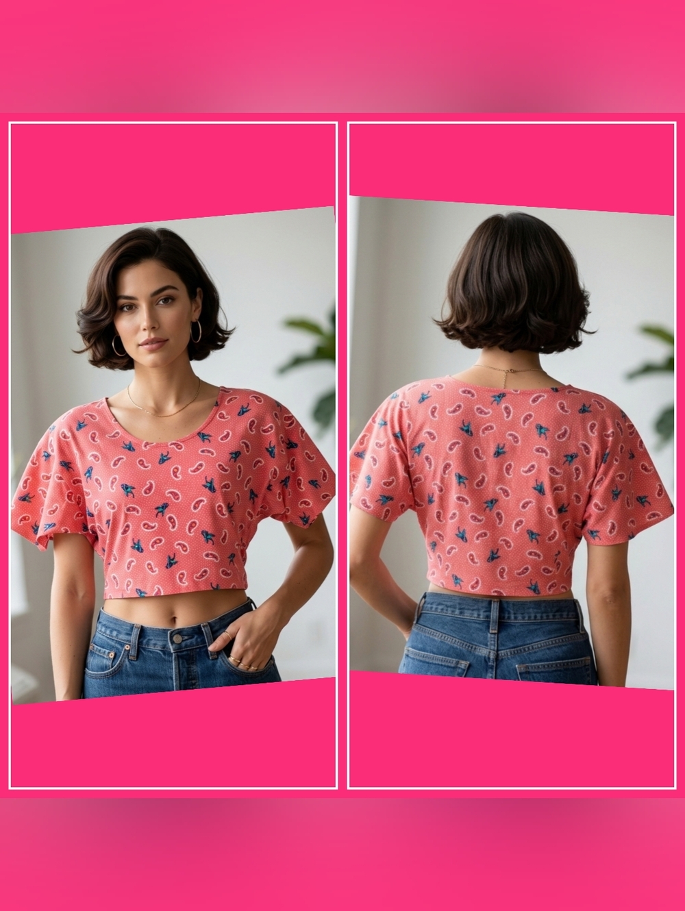 Vintage Nuovo Paisley Crop Top Pink Floral Cotton Tee 90s Y2K